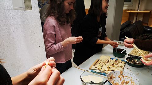 China Kompetenzzentrum, Hochschule Ansbach, Workshop, Dumplings, Kochen, Teigtaschen, Kultur, Teamarbeit
