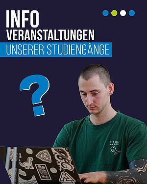Student am Laptop und aufploppendes Fragezeichen