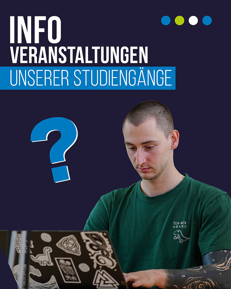 Student am Laptop und aufploppendes Fragezeichen